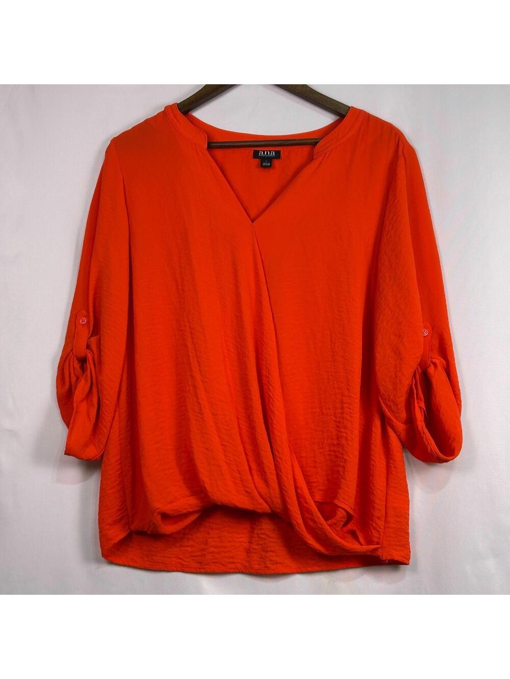 a.n.a Womens Wrap Blouse Size L Orange V Neck Bubble Hem Long Roll Tab Sleeves